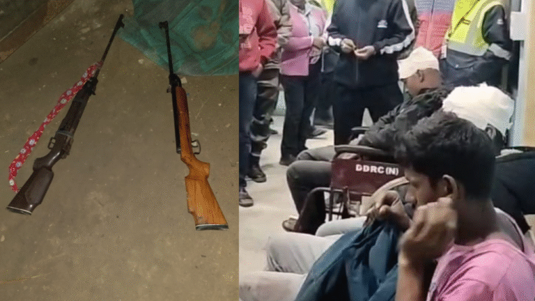 “কৈলাসহরে বন্দুকসহ আটক চার যুবককে আহত অবস্থায় পুলিশ উদ্ধার করে হাসপাতালে নিয়ে যাচ্ছে— রবিবার রাত।”