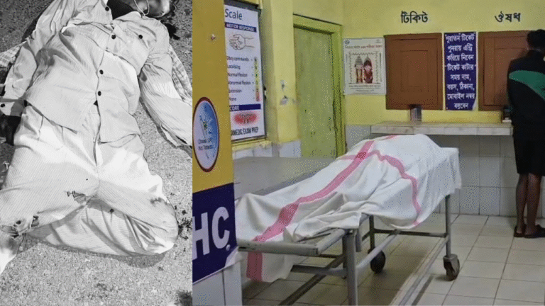 “ই-রিক্সার ধাক্কায় মৃত্যু হওয়া দেবল সিনহার দেহ উদ্ধার করতে ঘটনাস্থলে চুরাইবাড়ি থানার পুলিশ — খেরেংজুড়ি, বুধবার রাত।”